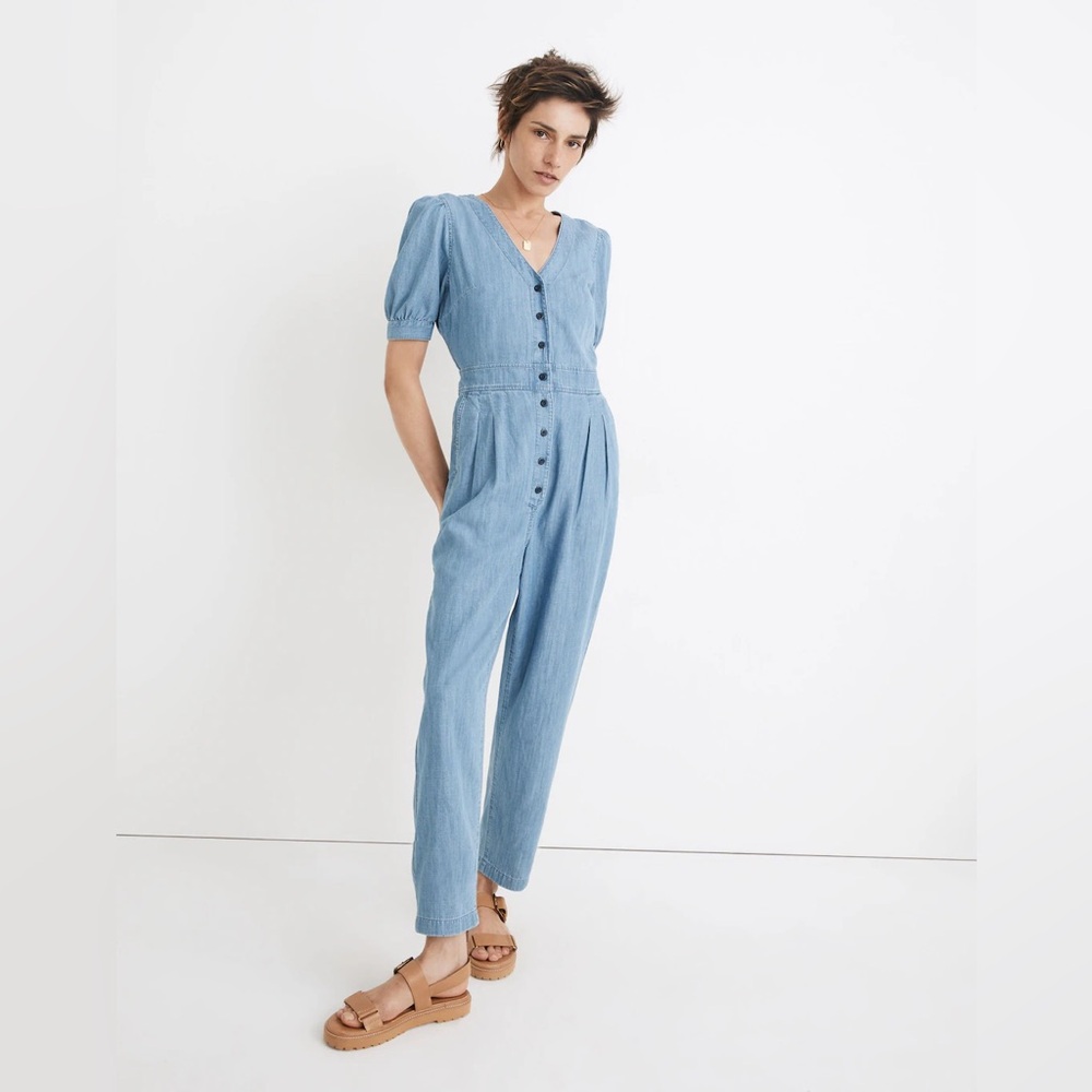 Madewell Denim Puff Sleeve Button Front Jumpsuit Chambray Blue Soft Girl Chic